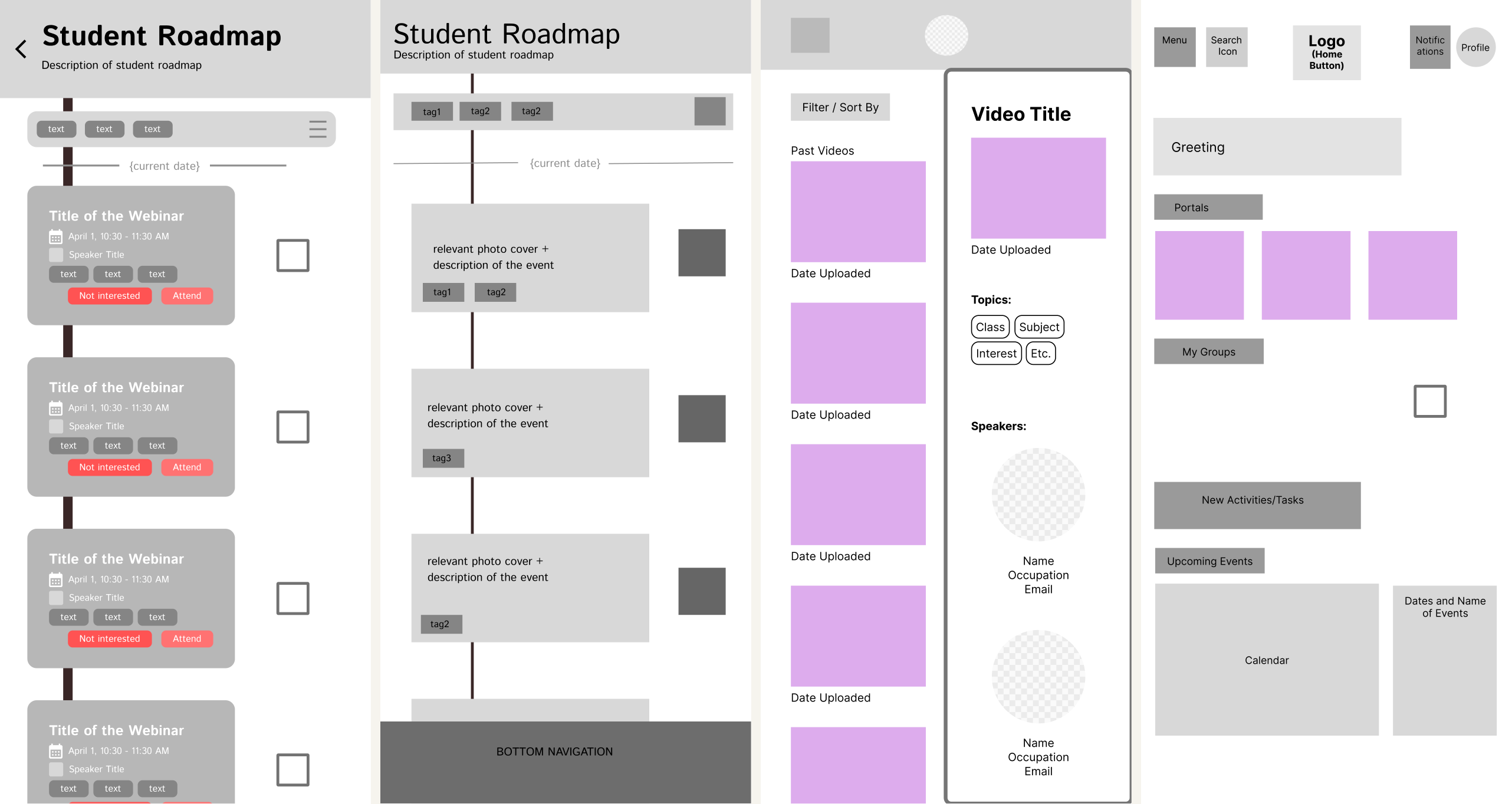 Braven low-fidelity wireframes — Student Roadmap, Events, Past Videos, Home