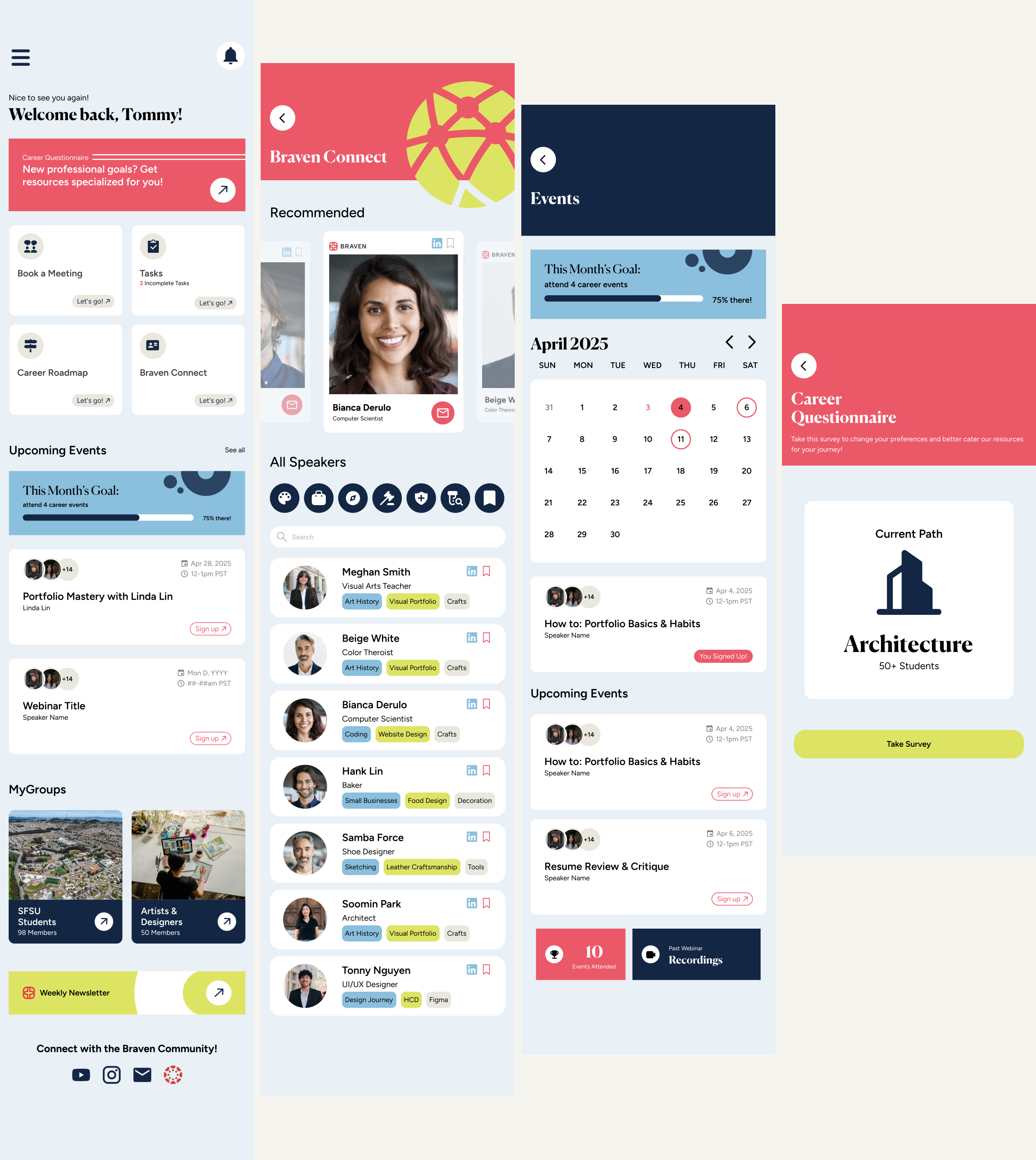 Braven high-fidelity mockups — Welcome, Braven Connect, Events, Career Questionnaire