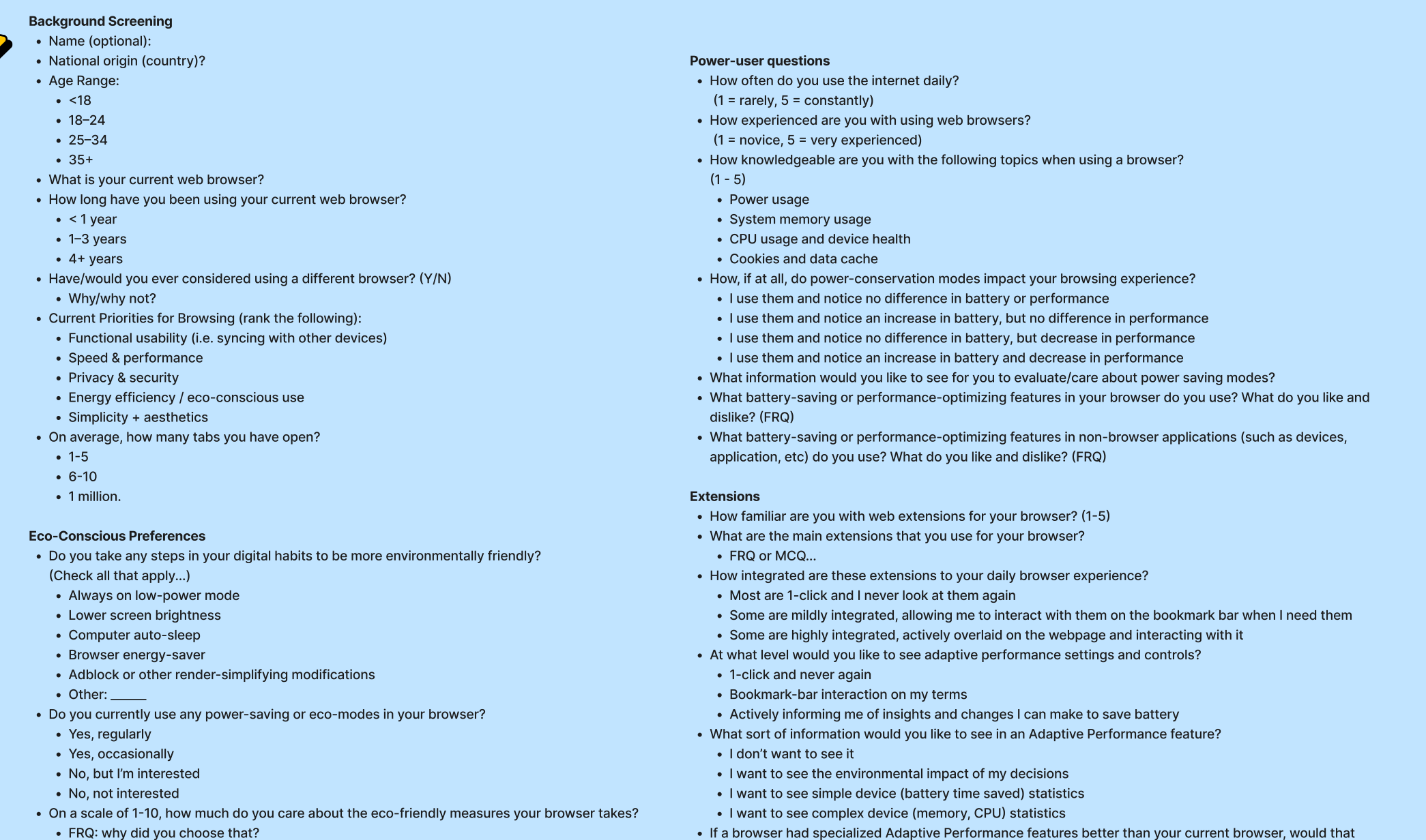Mozilla — final structured survey (Background / Eco / Power / Extensions)